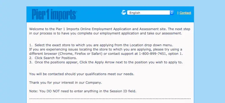 Pier 1 Imports job application
