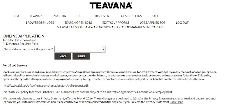 Teavana job application